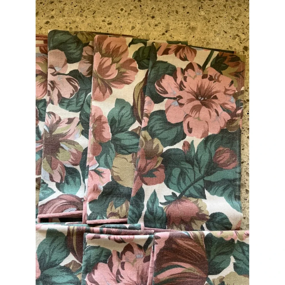 Vintage Floral Cloth Napkins Set of 10 Pink Green Rose Botanical Cottagecore